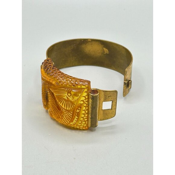 Vtg French Prystal Bakelite Carved Fish Bracelet Hinged Wide Brass Band Art Deco - Picture 8 of 13